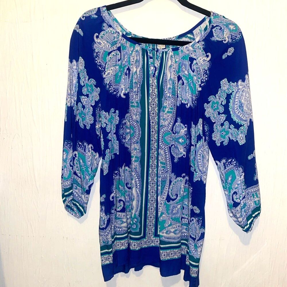 Grand & Greene Medium Blue Print Shirt Tunic V Neck 3/4 Sleeve